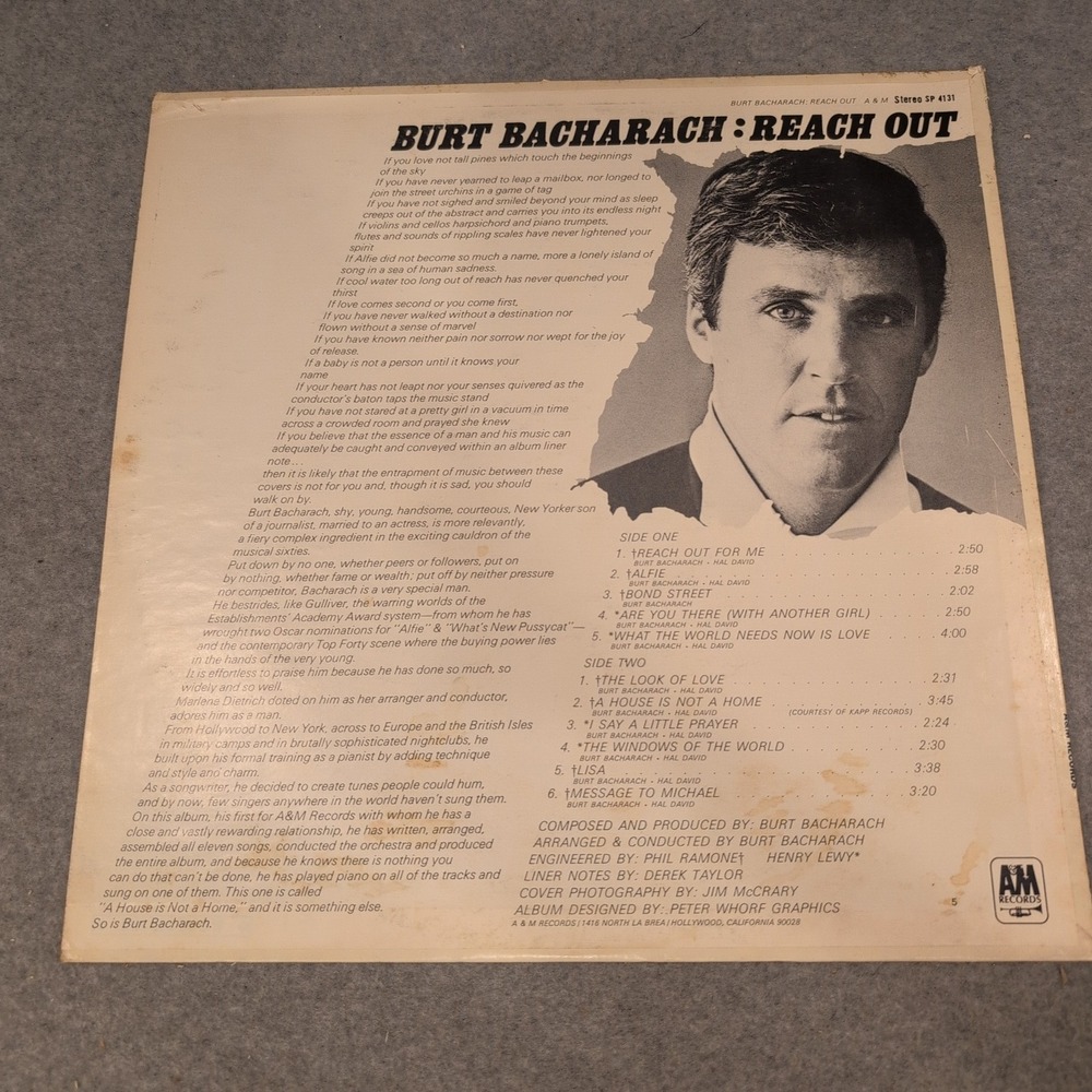 Burt Bacharach Reach Out Vinyl LP A&M Records SP-4131 Stereo 1967 Pop Lounge - Picture 2 of 6
